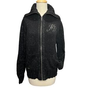 Harley Davidson Sweater Womens Large Black Metallic Knit Jacket Y2K Biker Moto